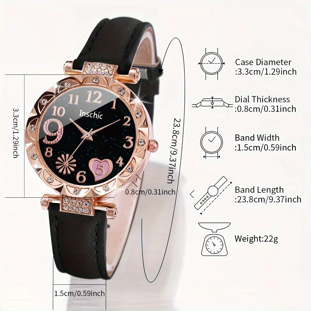 2 ชิ้น/เซ็ตโรแมนติกหัวใจ Rhinestone นาฬิกาและสร้อยข้อมือ Duo - Stylish Quartz Analog นาฬิกาพร้อมสายหนัง PU,