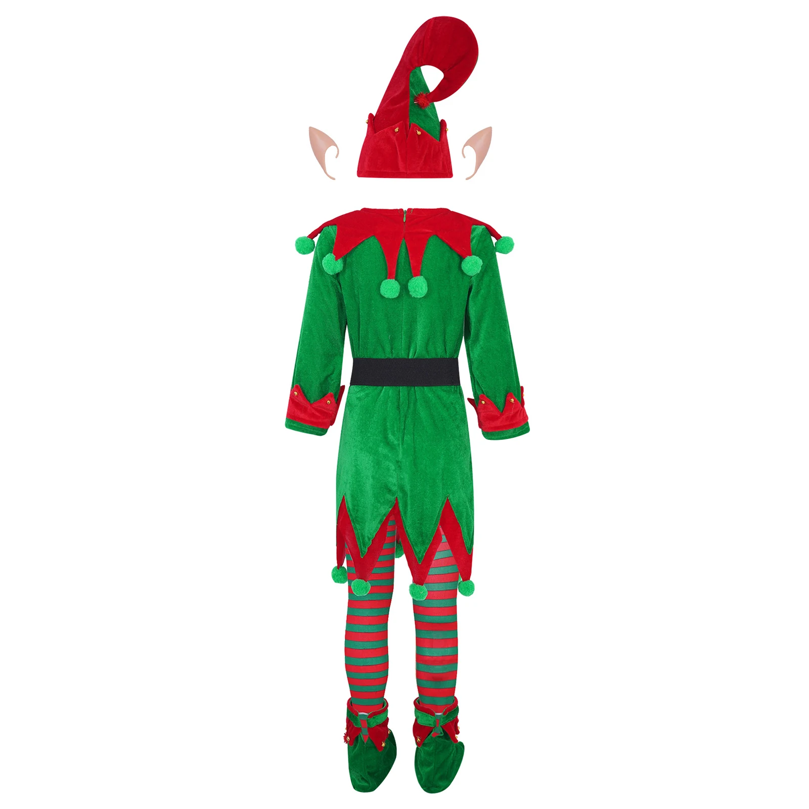 Christmas Kids Elf Costume Xmas Santa Claus Fancy Outfit for Boys Girls Elf Ear Role Play Set Bells Pompoms Xmas Hat Dress Suit