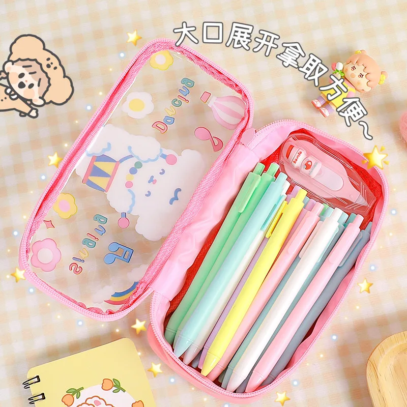 Cute animal transparent pencil bag ins wind large capacity portable student pencil case storage box