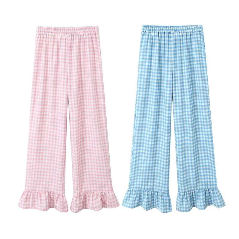 Korean Ruffles Pants 2024 Summer New Korean Women Clothing Retro Sweet Plaid Printed High Waist Micro-Raise Casual Trousers