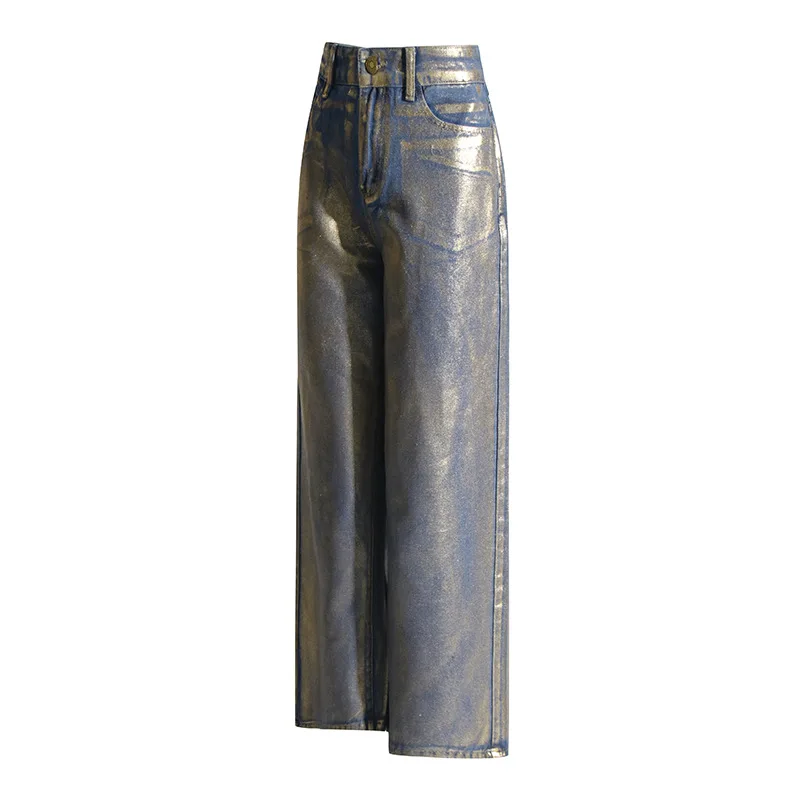 Jeans de perna reta de cintura alta para mulheres, tendência retrô, calças de perna larga, design bronzeamento, rua hipster, novo, primavera, 2022