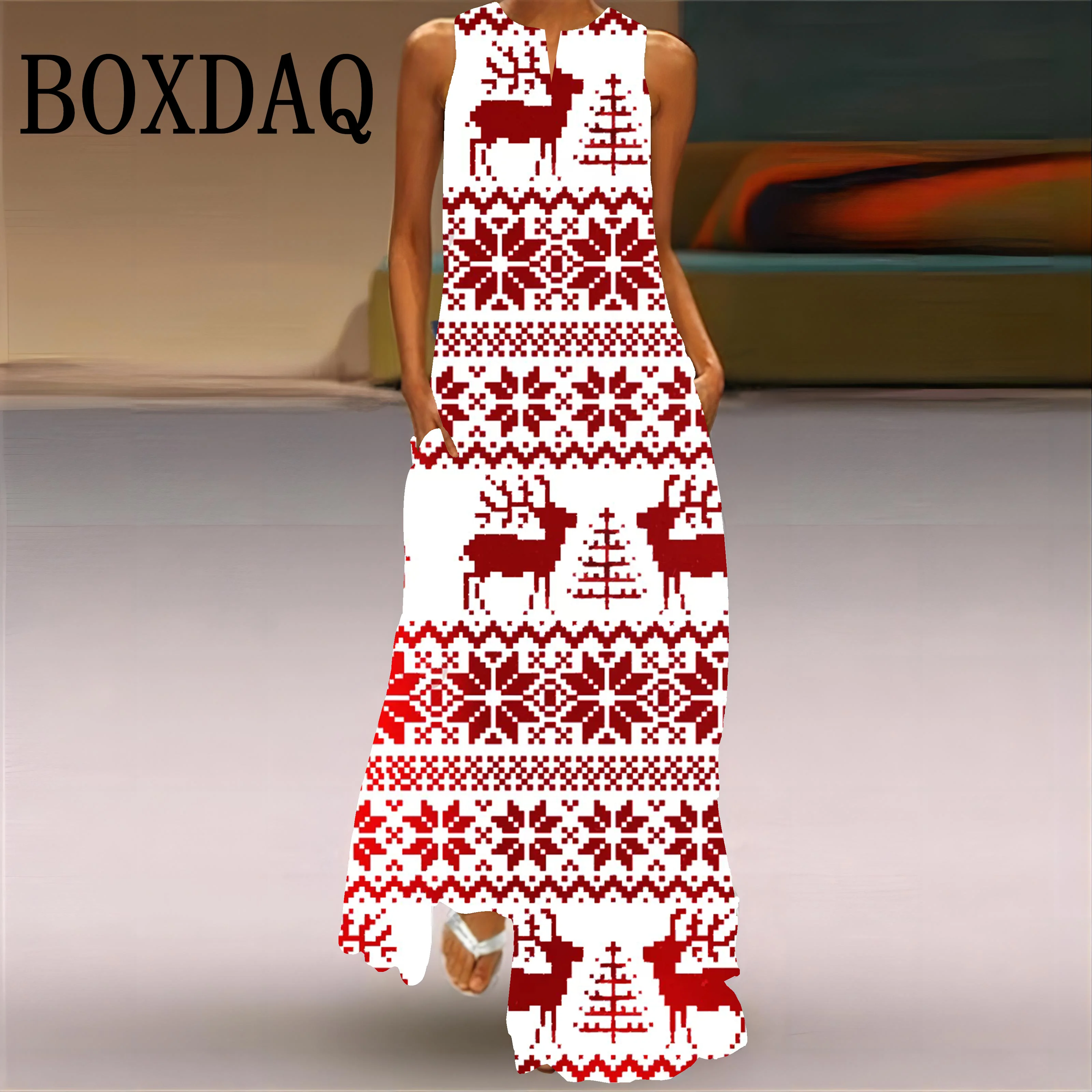 New Year Christmas Elk 3D Print Long Dresses For Women 2025 Winter Fashion Casual Vest X-Mas Snowflake Loose Pockets Maxi Dress