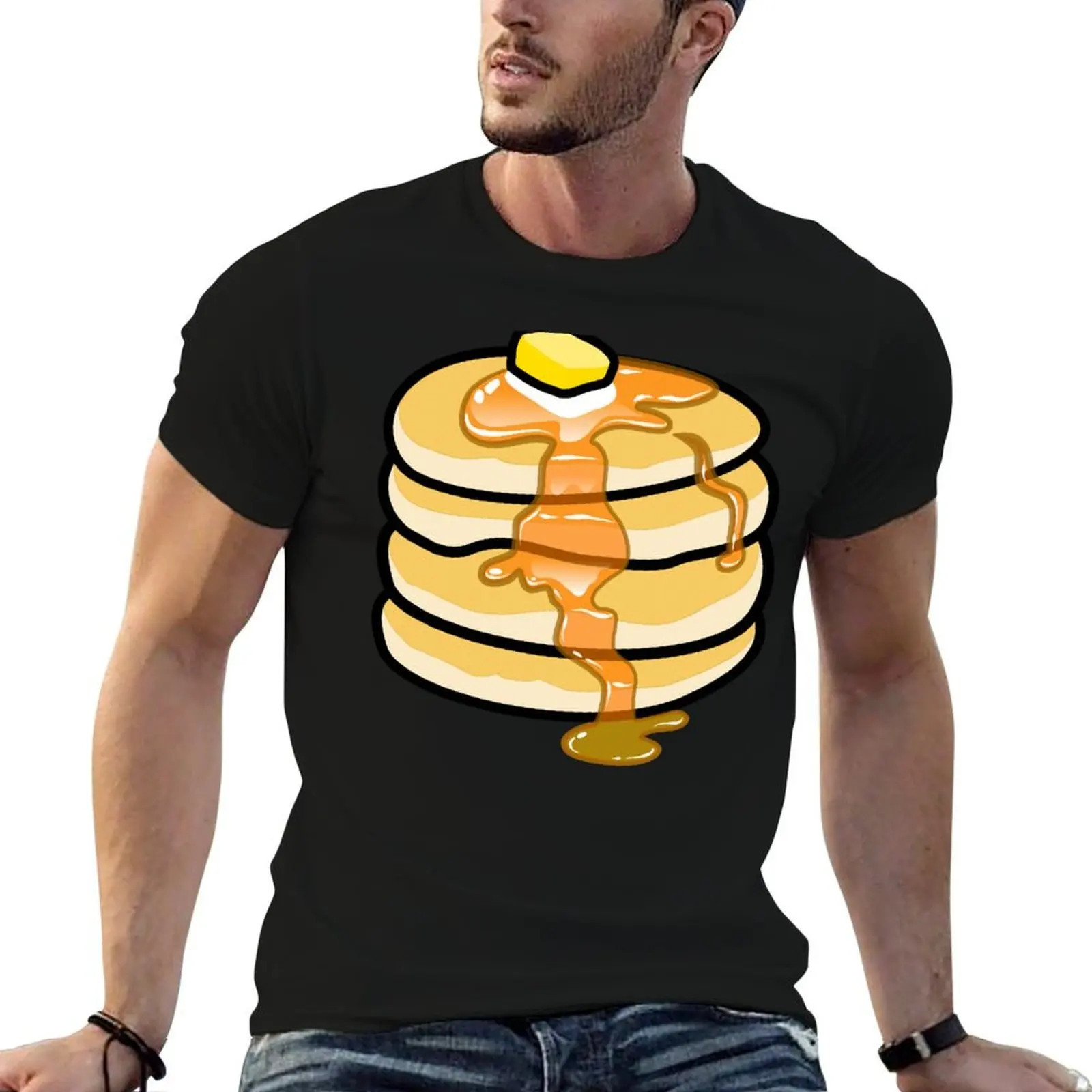 

Stack Pancakes on black background T-Shirt man t shirt summer graphic t shirts for man T-Shirt