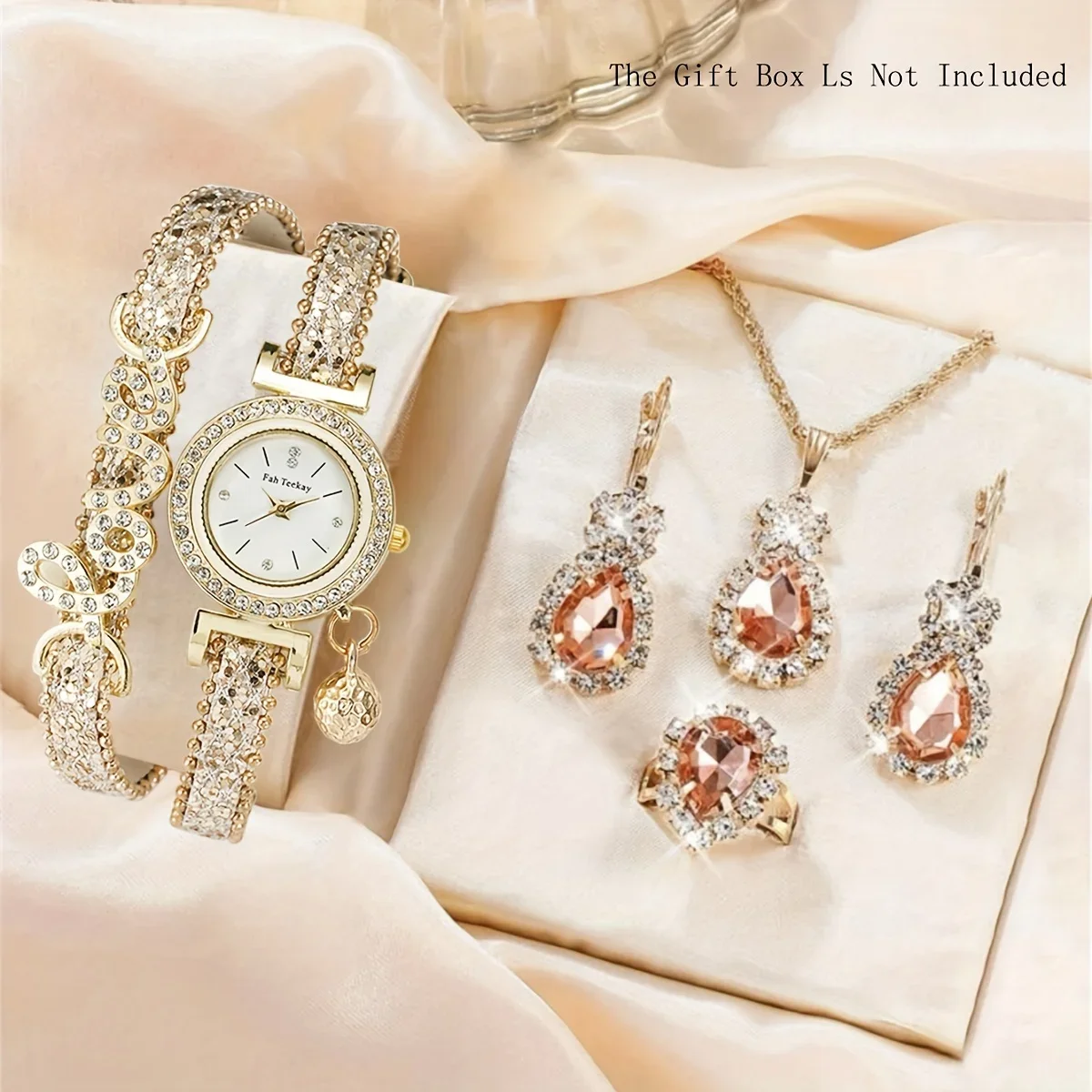 1pc LOVE Rhinestone Decor Quartz Bracelet Watch Luxury Analog Party Dress Bangle Watch & 4pcs Jewelry Set, Gift For Women/Her