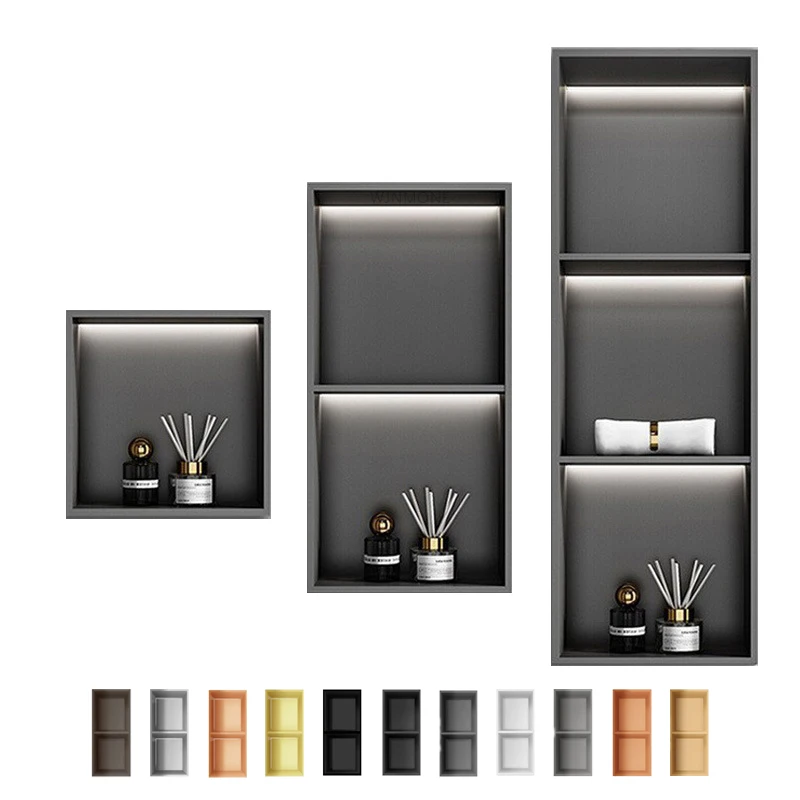 

DIY Custom SUS 304 Stainless Steel Bathroom Niches Modern Decorative Design Wall Mounted LED Light No Tile Embedded Shower Niche