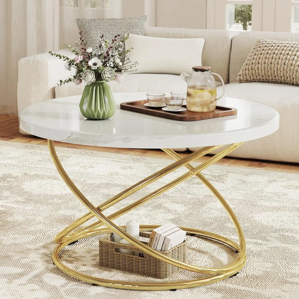 طاولة قهوة مستديرة لغرفة المعيشة، طاولات قهوة رائعة من الرخام الصناعي مقاس 31.5 بوصة بإطار ذهبي، طاولة مركزية حديثة f