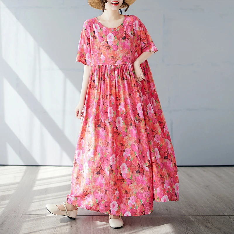

Summer Flower Cotton And Linen Dress Women Casual Loose Holiday Beach ong Maxi Dresses