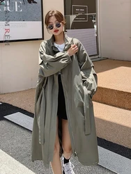 LANMREM Loose Casual Trench Coat Women Lapel Solid Color Zipper Mid Length Windbreaker With Belt Autumn Fashion Clothing 2R4502