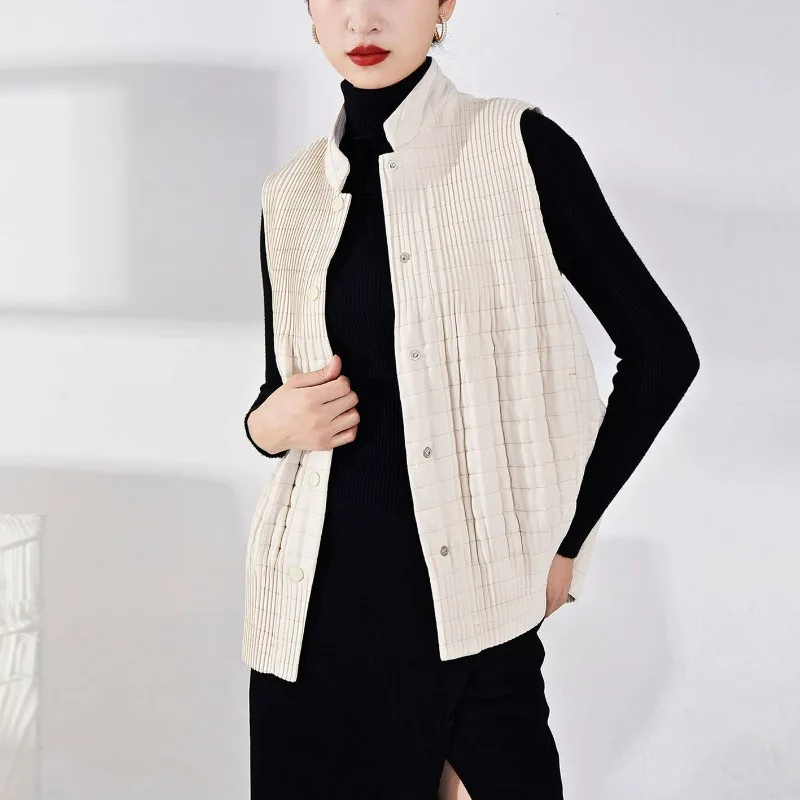 Miyake Women's Cotton Horse Jacket Fall and Winter New Single-breasted Half-high Collar Vest