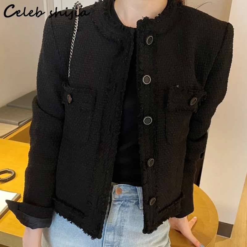 Chic Tweed Jackets Women  Beige Black Woolen Outfit Korean Fashion Single Breasted Cropped Coat Female Business OL Clothing