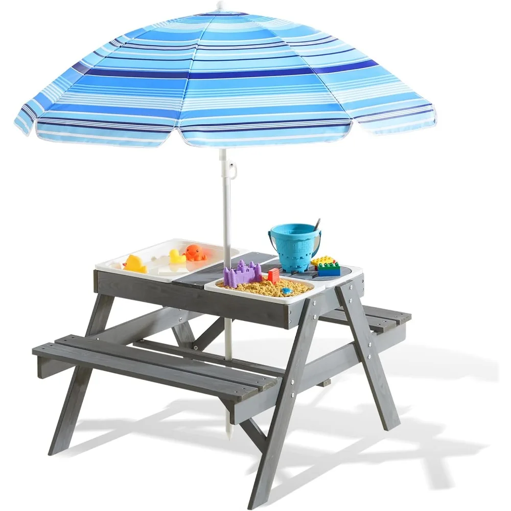 

3-in-1 Kids Picnic Table, Play Sand and Water Sensory Table with Height Adjustable Umbrella & Removable Tabletop