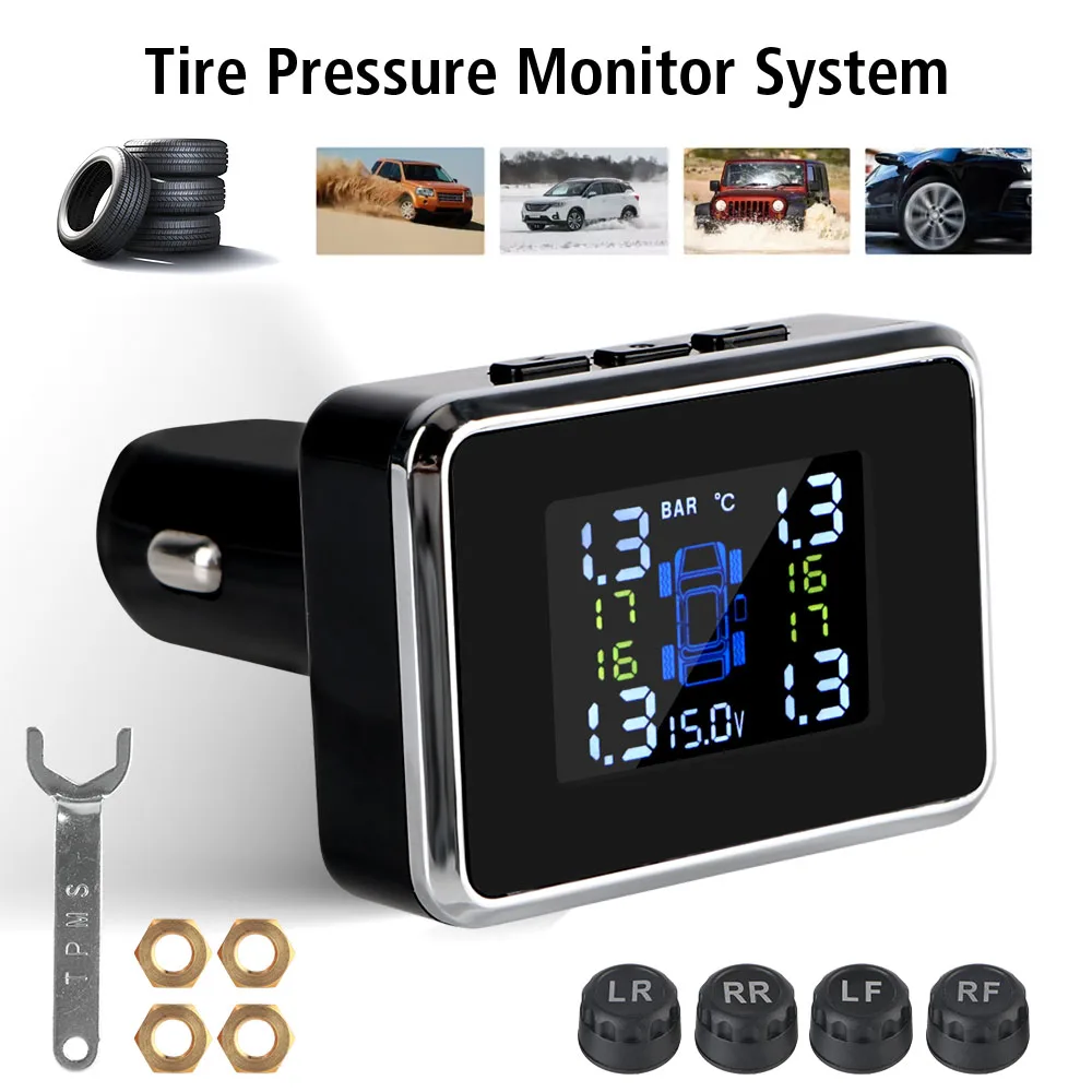 Capteurs d'alarme de sécurité automobile TPMS pour voiture, allume-cigare sans fil universel TPMS USB numérique tpms, système d'alarme de pression des pneus