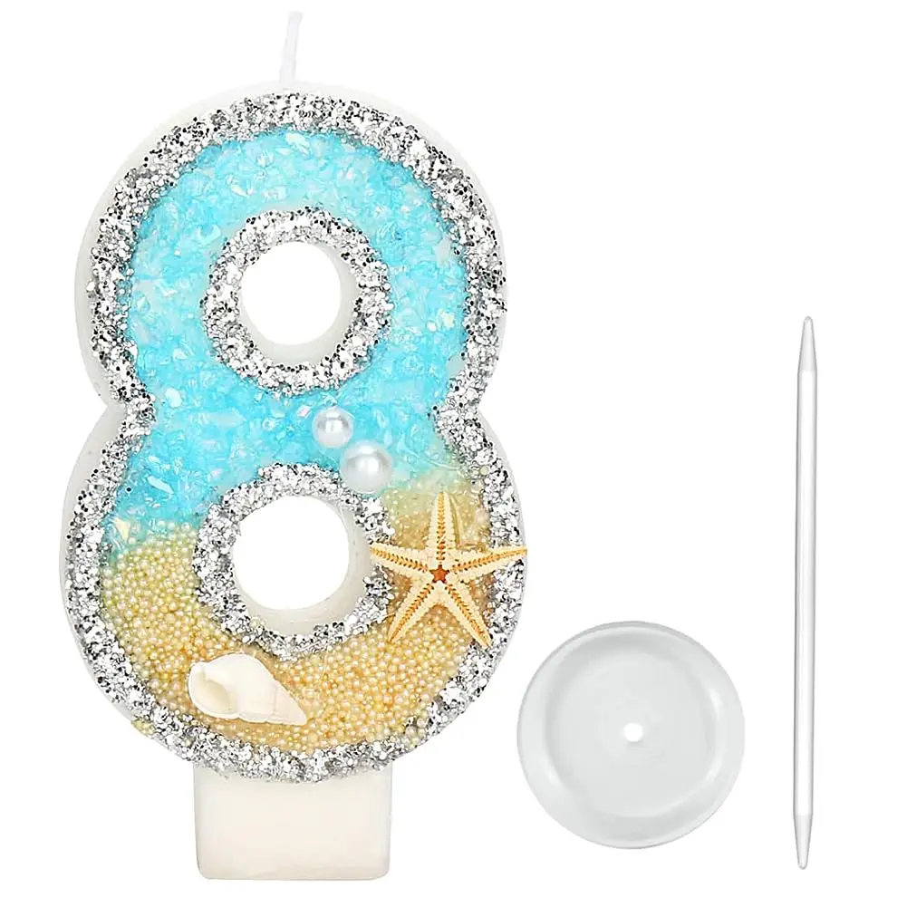 2.9inch Birthday Candle for Cake, Beach Starfish Sequins Number Cake Candles, Happy Birthday Candle, Cake Topper Decoration