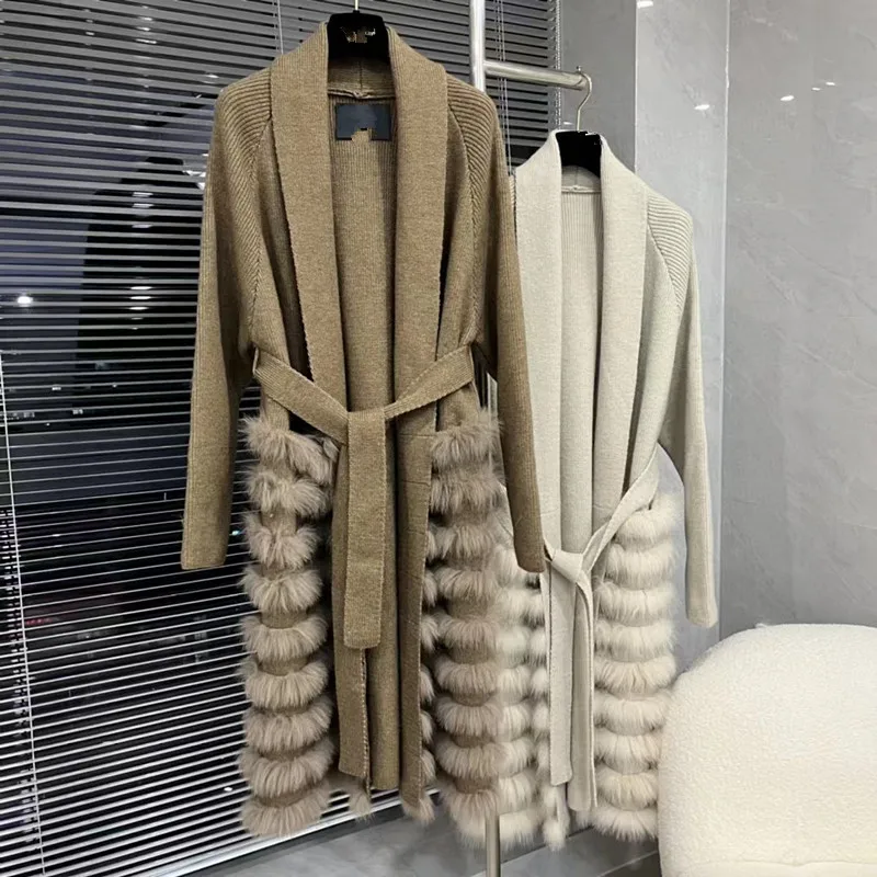 Manteau Long en fourrure de renard véritable pour femmes, tricot surdimensionné, ample, bande de fourrure de renard cousue ensemble, décoration extérieure, printemps, 2022