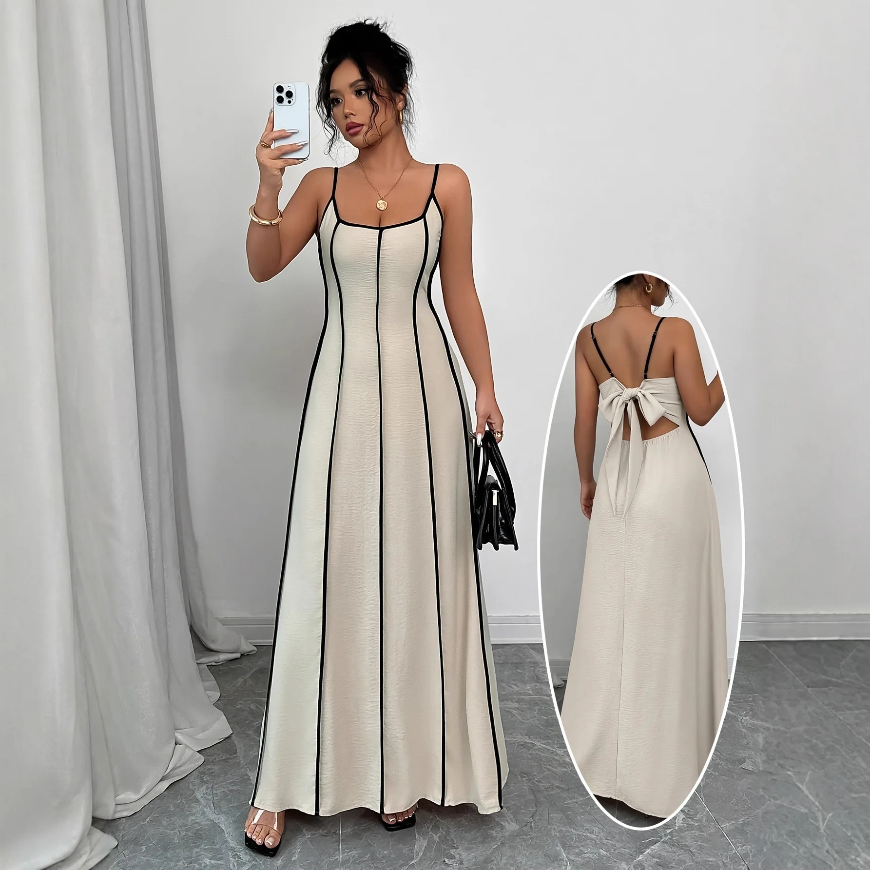 

2025 new summer and autumn ladies off-the-shoulder backless color-blocked halter women dress in stock
