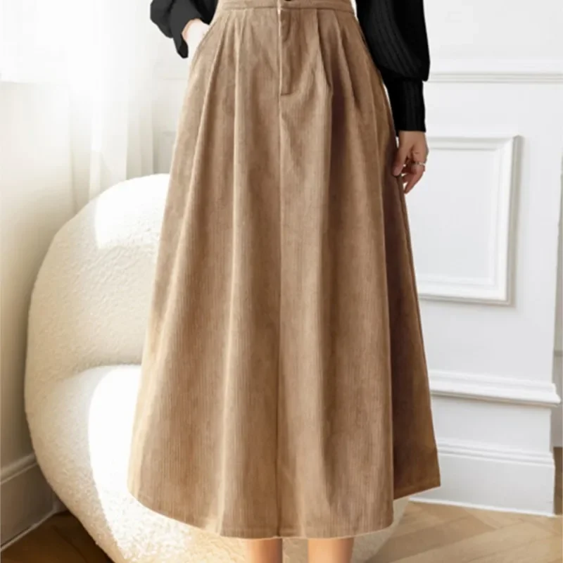 Hot Corduroy Midi Skirt for Women Autumn Winter Korean Elegant Solid A Line Elastic High Waist Long Skirt Female Velvet