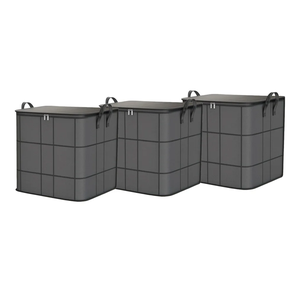 Reinforced Handle Fabric Storage Bin with Full Zipper for Bedding Clothes Quilts Comforters Moving 110L 140L 180L Black 3 Pack