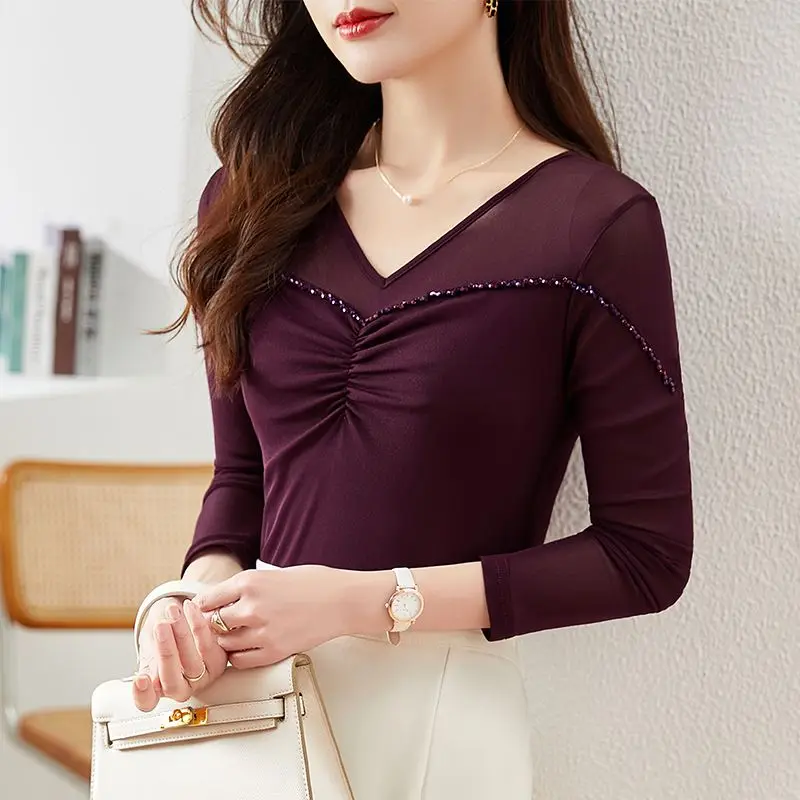 Spring Summer New Net Yarn V Neck Bottoming Shirt Long Sleeve V Neck Slim Solid Temperament Tops Elegant Fashion Women Clothing