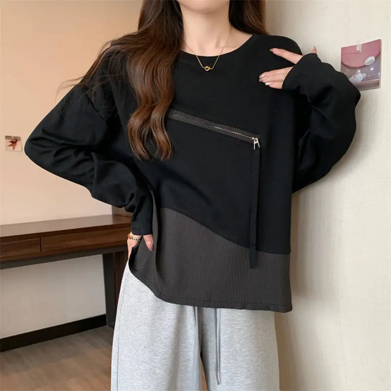 Casual Patchwork Asymmetrical Pullovers Female Clothing Commute Round Neck 2024 Spring Autumn Stylish Zipper Solid Color T-shirt
