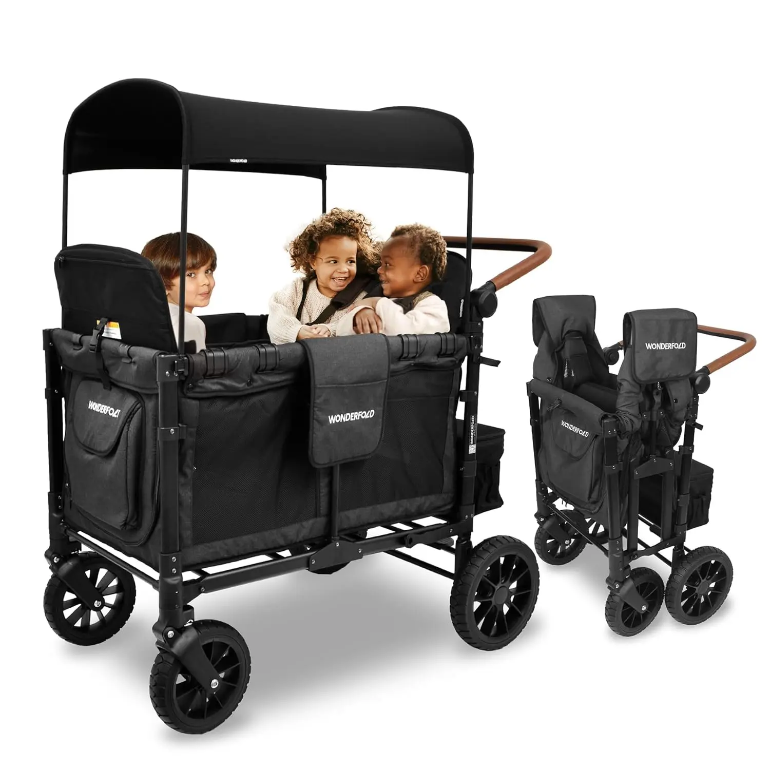 WONDERFOLD W4 Luxe Stroller Wagon (4 Seater) - Collapsible Wagon Stroller with Seats with Magnetic Buckle 5-Point Harnesses and