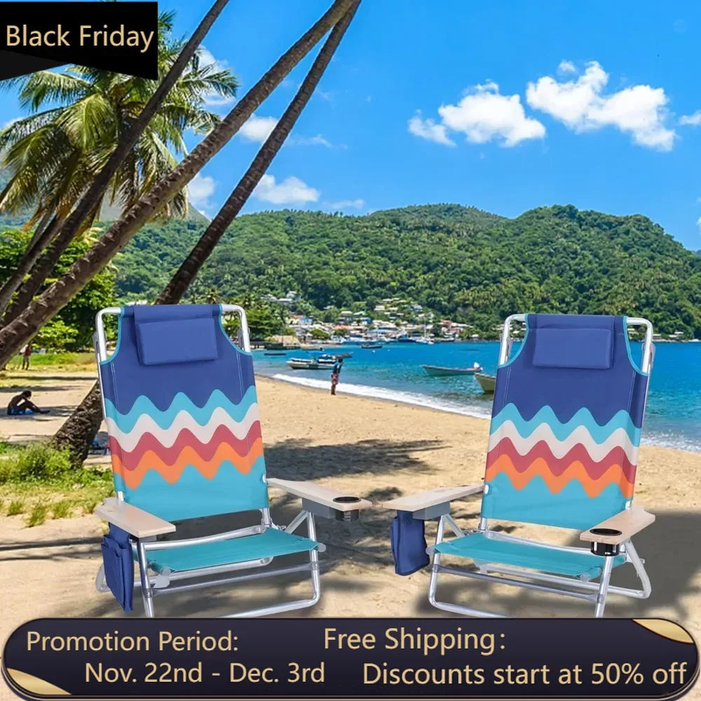 Pack Aluminum Beach Chairs 5 Positions Portable Folding Reclining Chairs with Cooler Bag, Towel Bar, Armrest for Sand,Sunbathing