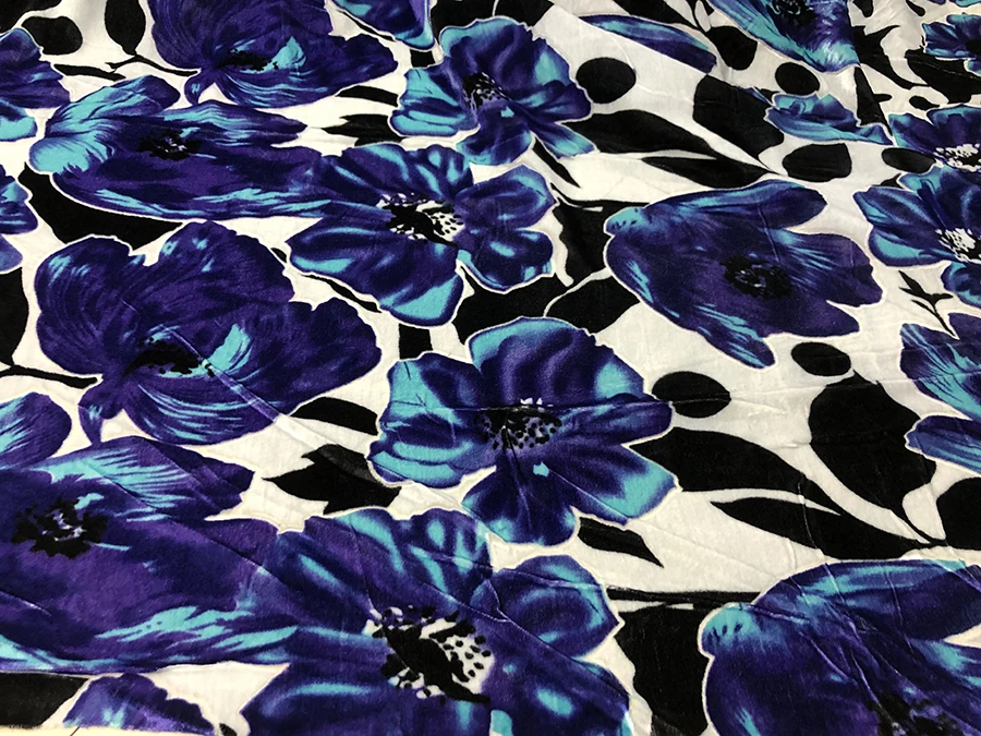 

High Quality Real Silk Velvet Fashion Cloth White Background Blue Purple Flower Non-Inverted Designer Fabric for Cheongsam Qipao