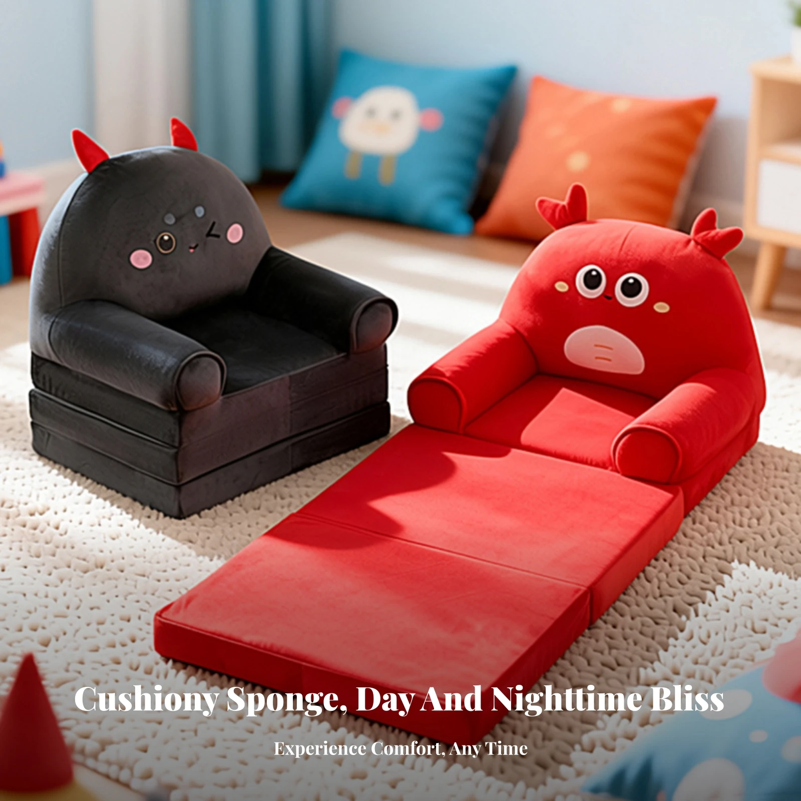 Foldable 2-in-1 Kids Sofa Chair Child-Friendly Design Convertible Kids Sofa Chair Padded Armchair Stitched Seams for Lounging