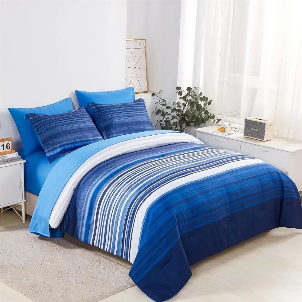 

7 Piece Bed Stripe Comforter Set, Queen Size, Patchwork Striped Comforter and Sheet Set, Soft Microfiber Complete Bedding Sets