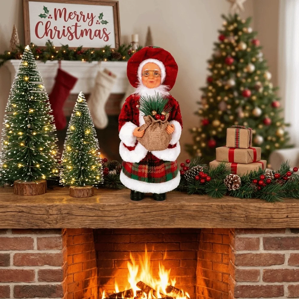 Standing & Sitting Mrs. Claus Christmas Statue Pine Berry Red Plaid Sequin Xmas Figurine Felt Faux Wool Ornament Tabletop