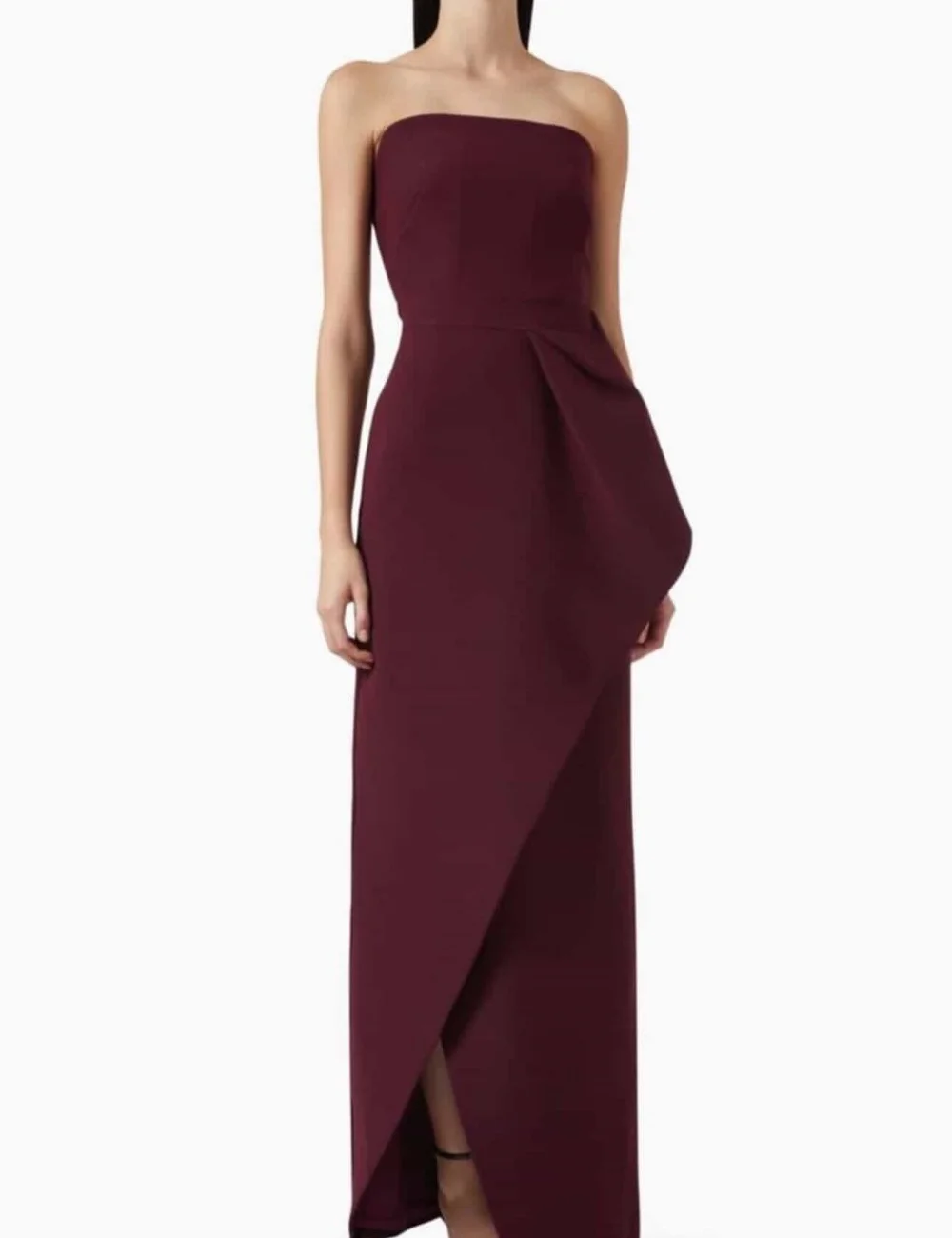 Customized Casual Simple Burgundy Jersey Pleat Ruched Straight Strapless Floor-Length Evening Dresses for Woman