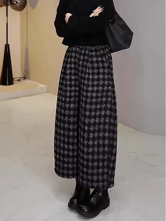 ارتفاع الخصر Thiened Fce الخريف الشتاء منقوشة مستقيم الساق بنطال ذو قصة أرجل واسعة تأثير التخسيس السراويل العصرية تسع نقاط #1