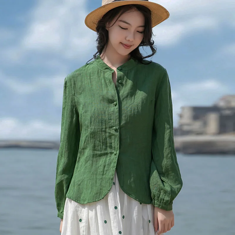 Literary Linen Green Long Sleeve Shirt Women's Single Breasted Light Soft Waxy High Quality Casual Simple Jacket Spring Summer