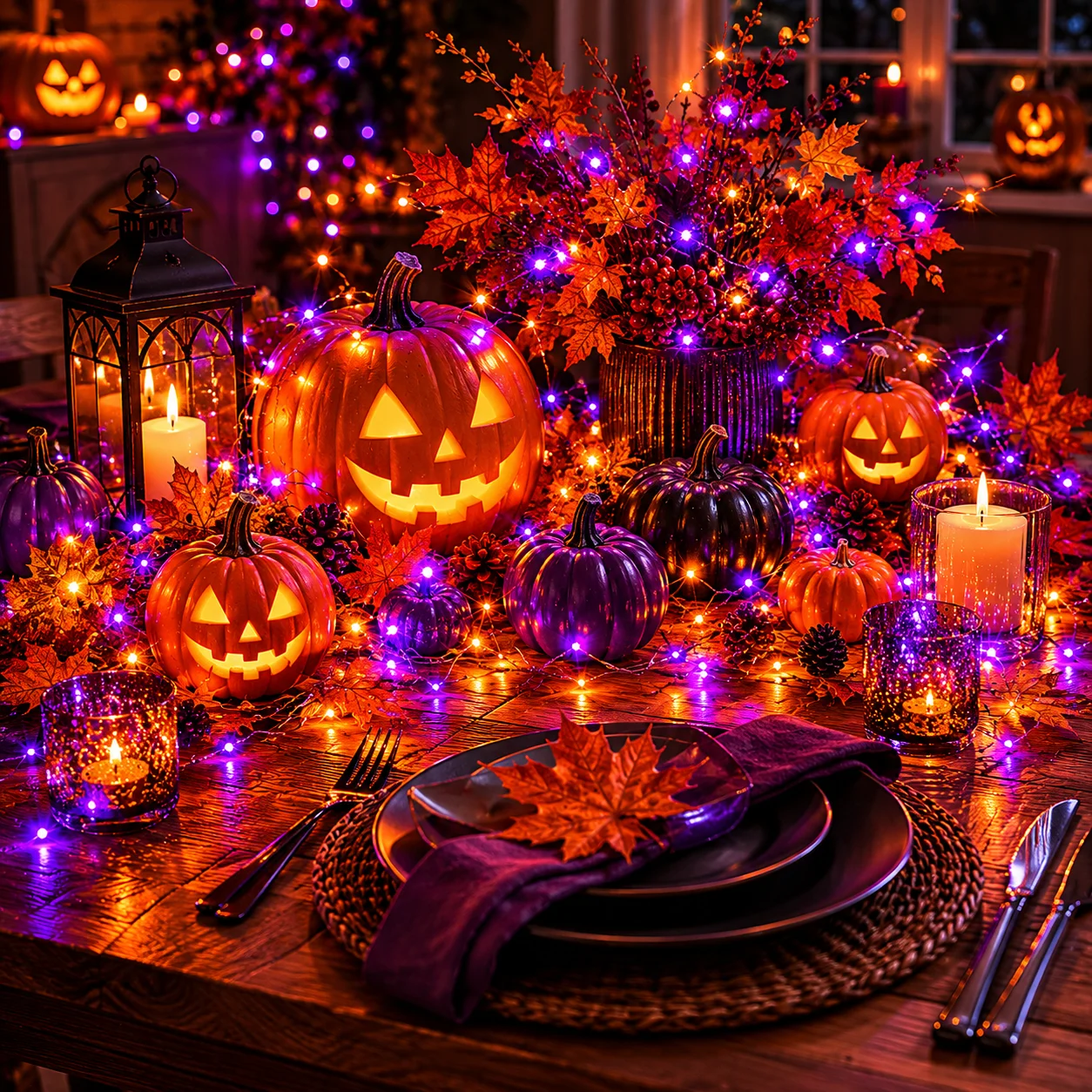 Halloween-Lichterkette mit Solarbetrieb, in den Farben Lila, Orange und Kupfer, 8 Leuchtmodi, schaltet sich automatisch bei Dunkelheit ein, ideal für die Dekoration von Gärten, Veranden und Partys. – Detail 1