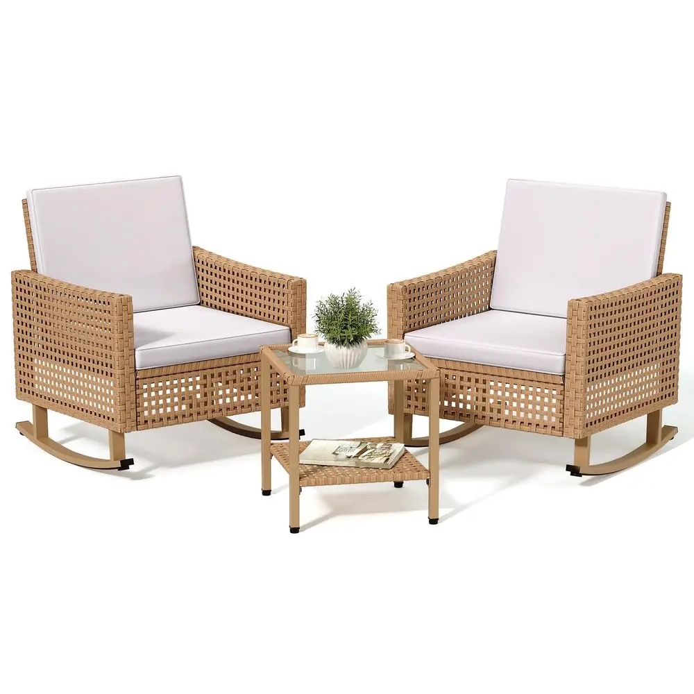 

3 Pieces Patio Wicker Rocking Chair Set, Outdoor Patio Furniture Set with Rattan Side Table, Thickened Cushions, Rocker Patio C