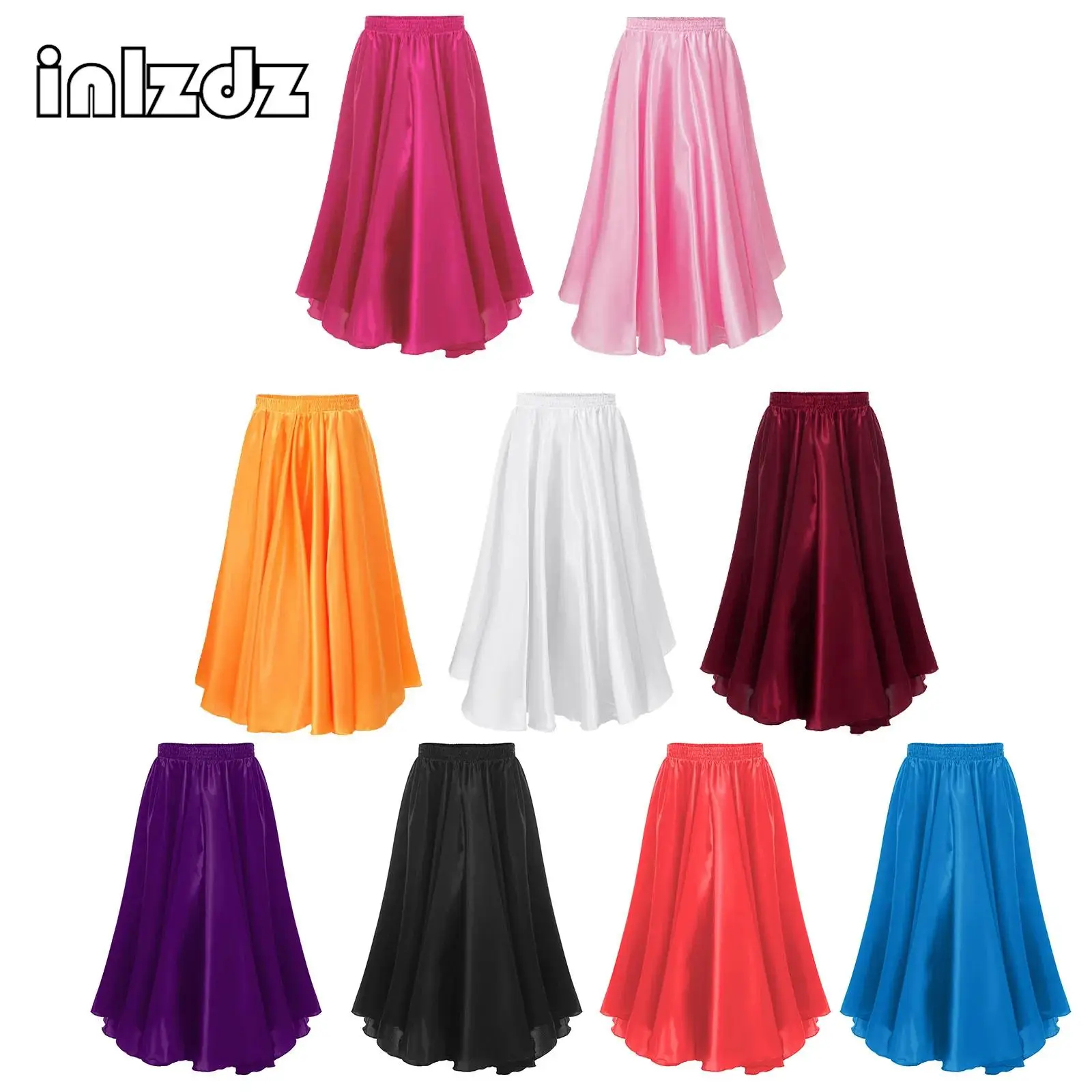 Girls Spanish Flamenco Skirt Shining Satin Long Skirt Festival Traditional Dance Costume Kids Flamenco Tango Dancer Dress