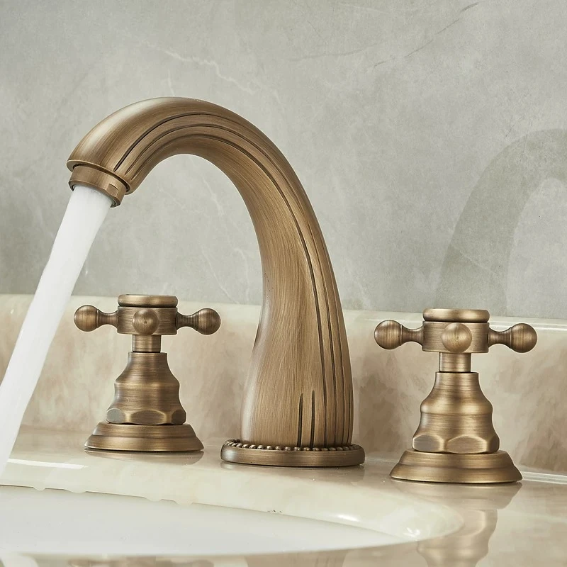 All-copper three-hole faucet hot and cold washbasin basin faucet retro bathroom split bathroom cabinet three-piece set