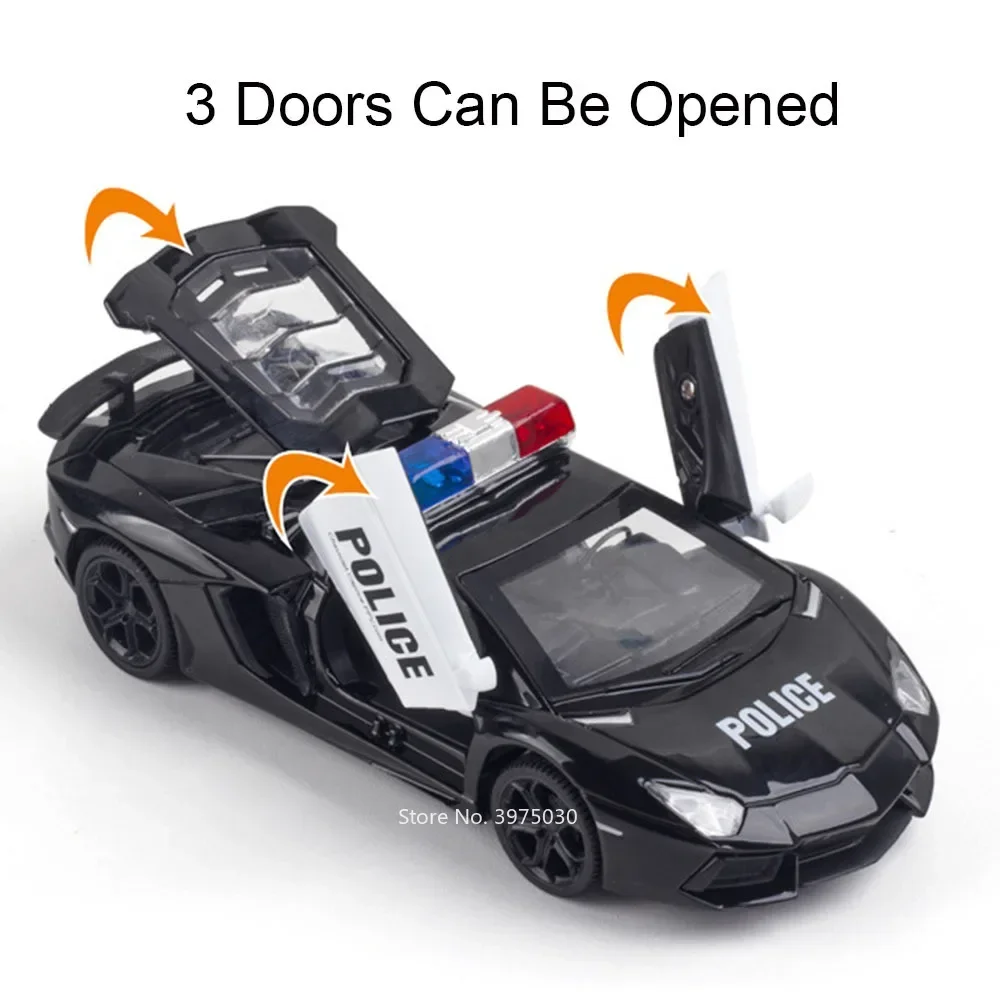 1:32 Alloy LP740 Police Cars Model Diecast Toys 3 Doors Opened Vehicle Wheel Pull Back Rubber Tires Toy Car Boy Decoration Gifts