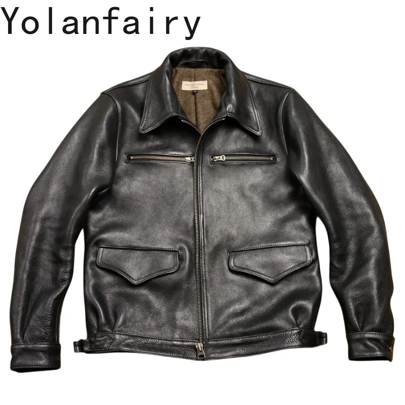 YOLANFAIRY Men's Retro Cowhide Leather Jacket