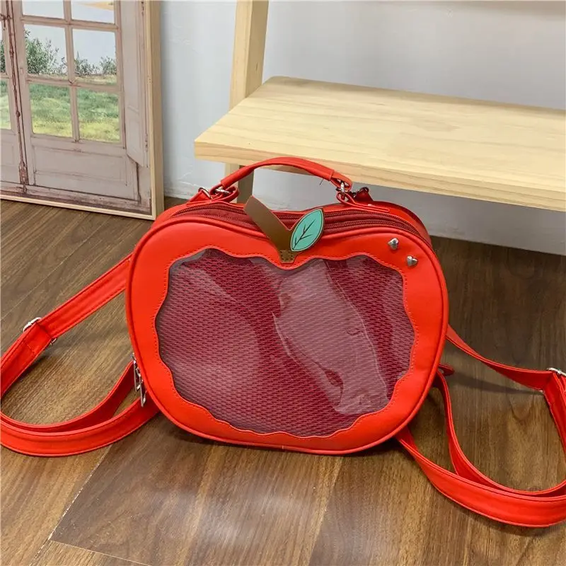 Kawaii Apple Shaped Ita Bag Clear Mesh Window Lolita Backpack Handbag Removable Crossbody Strap Novelty Fruit Display Purse