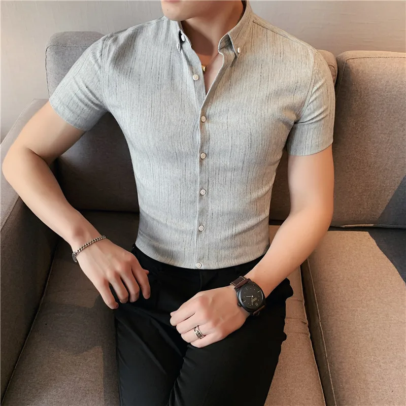 Plus Size 4XL-M Summer Mens Dark Striped Shirts Short Sleeve Fashion 2022 Korean Slim Casual Business Formal Wear Dress Blouse