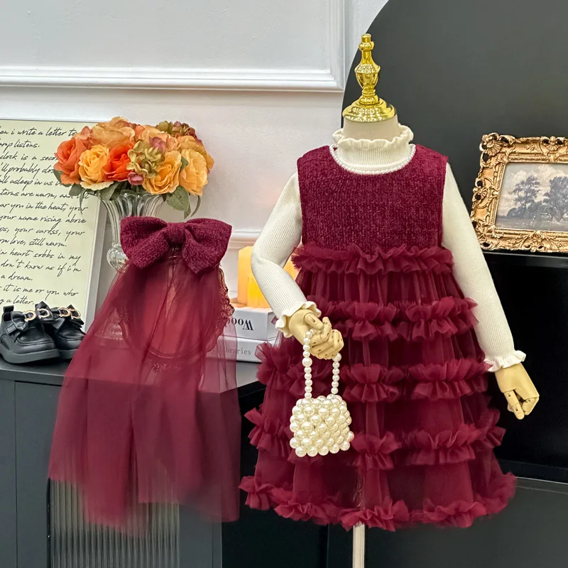 【Custom Wholesale】Girls' Dress2024Autumn and Winter Wild Western Style Heavy Industry Fleece-lined Cake Dress Birthday Dress