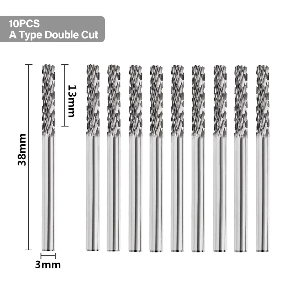 10Pcs 38mm Tungsten Carbide Rotary File 3mm Shank Milling Cutter For Copper/aluminum/carbon Steel Fast Cutting & Polishing