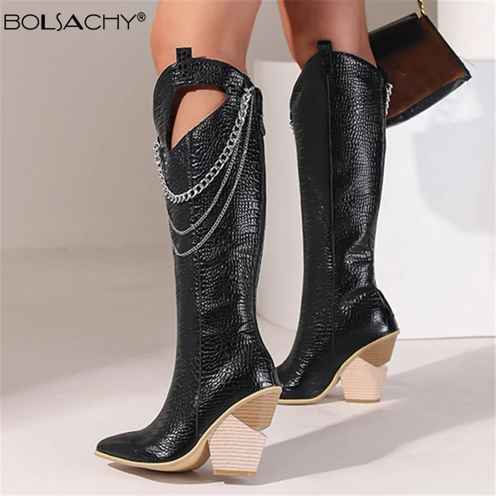 2024 Brand Fashion Knee High Boots Women Wedges Heel Zipper Western Boots Ladies Chain Pointed Toe Autumn Winter Long Boots