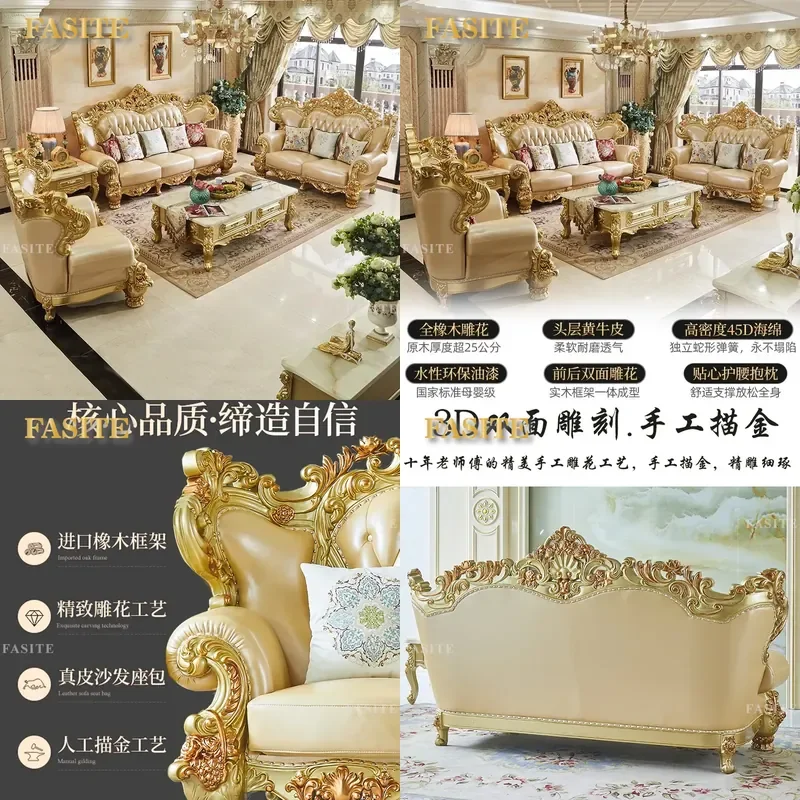 For European Style Solid Oak Wood Coffee Table with Marble Top and Drawers Luxury Gold Accent Living Room Tea Table TV