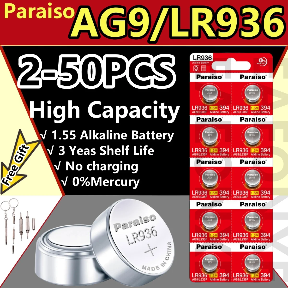 

Paraiso AG9 LR936 Button Cell Battery 10 Years Shelf Life 0% Mercury for Small Electronics Calculators Hearing Ad Toys 2-50pcs