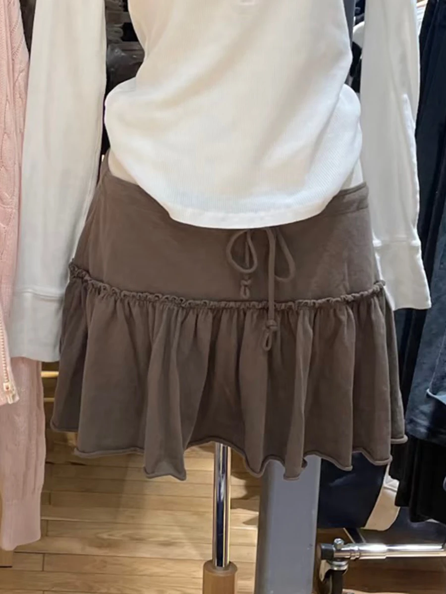 

Новые женские короткие юбки А-силуэта с рюшами, коричневые, на шнуровке, с низкой талией, в стиле преппи, из хлопка, для лета