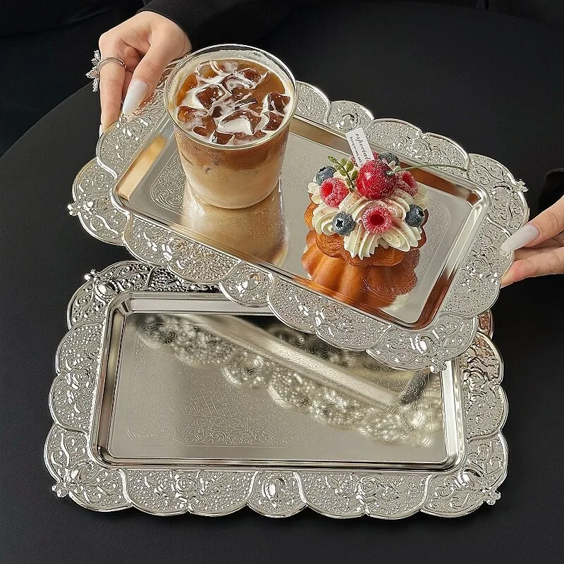Silver Rectangle Cake Plate European-Style Carved Flower Texture Metal Fruit Tray Dessert Cake Food Platter Display Decoration