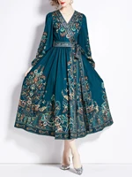 Spring Autumn plus Size New Vintage Print Elegant Holiday Style Dress Middle East Robe Ethnic Long Sleeve V-Neck Belted Commute - Image 2