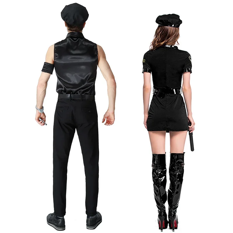 Sexy Koppels Zwarte Agent Kostuums Halloween Voor Vrouwen Mannen Spel Podium Bar Politie Kostuum Cosplay