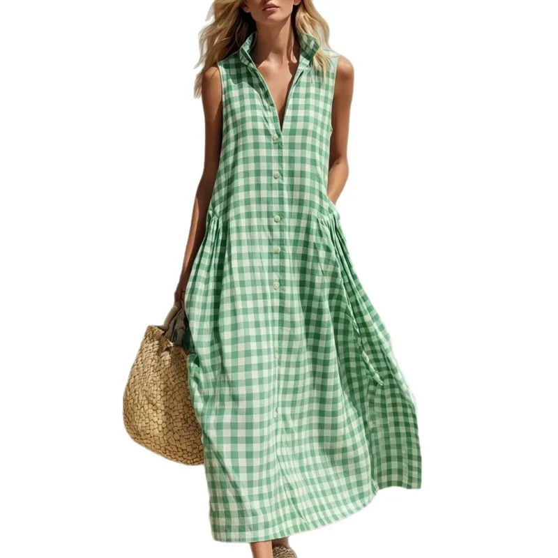 

Women's Sleeveless Plaid Maxi Dress Summer Single-breasted Fashion Vacation Style Seaside Loose Long Dress